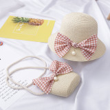 Kids Plaids Pearl Bowknot Straw Beach Sunhat With Bag Sets