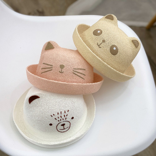 Kids Anti-UV Cute Embroidery Cat Bear Top Hat Topless Summer Bucket Hat Cap