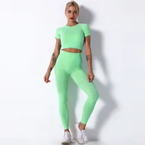 Women Seamless Knit Workout Fitness Short Sleeve And Tight Yoga Leggings Sets