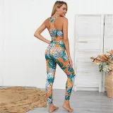Women Leaf Flower Design Yoga Fitness Exercise Clothes Outfit Set
