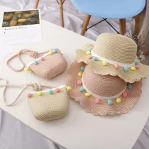 Kids Colorful Pompoms Straw Beach Sunhat With Bag Set
