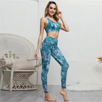 Women Sleeveless Design Leaf Flower Yoga Fitness Exercise Clothes Outfit Set