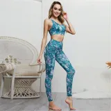 Women Sleeveless Design Leaf Flower Yoga Fitness Exercise Clothes Outfit Set