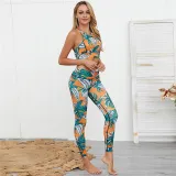 Women Leaf Flower Design Yoga Fitness Exercise Clothes Outfit Set