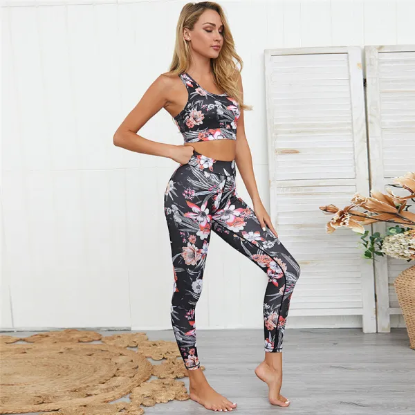 Women Leaf Flower Design Yoga Fitness Exercise Clothes Outfit Set