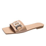 Women Square Metal Buckle Flat Sandals Slippers