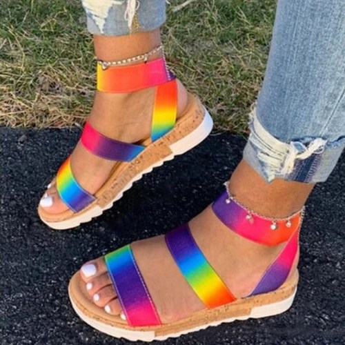 Women Rainbow Lace Up Strap Flat Wedge Sandals With Thick Soles