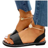 Women Open Toe Pearl Flat Sandals Shoes