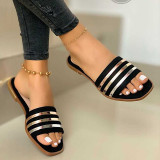 Women Metal Striped Flat Sandals Slippers