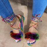 Women Plush Crystal Sequins Lace Up Flat Sandals With Thick Soles