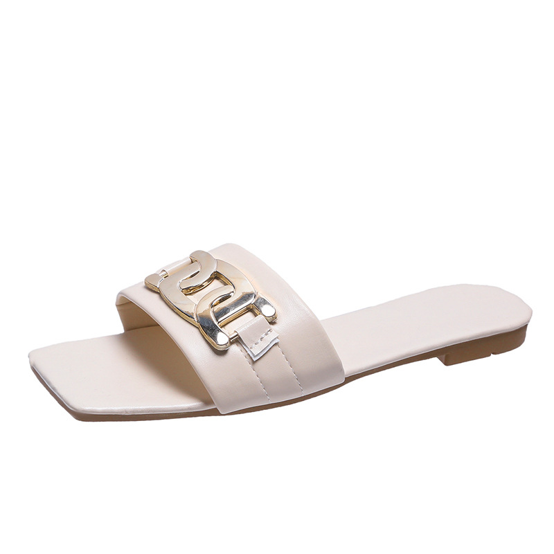 Women Square Metal Buckle Flat Sandals Slippers