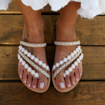 Women Petal Lace Pearl Flat Sandals