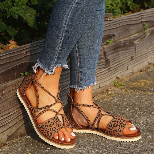 Women Leopard Lace Up Flat Sandals Shoes