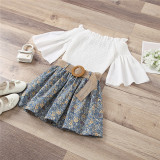Toddler Girl Bell Flared Pleated Blouse and Flowers Skirt Two Pieces Sets
