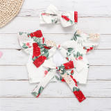 Toddler Girl Rose Floral Bowknot Ruffles Top and Pants Two Pieces Sets