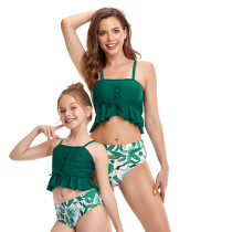 Mommy and Me Matching Swimwear Tank Top Lace Up Flowers Ruffled Bikini Two Pieces Swimsuit