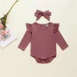 Baby Girl Ruffles Long Sleeves Bodysuit and Pants Two Pieces Outfits with Hairband