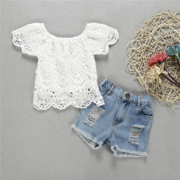 Toddler Girl Hollow Cut Lace Top and Ripped Denim Shorts Two Pieces Sets