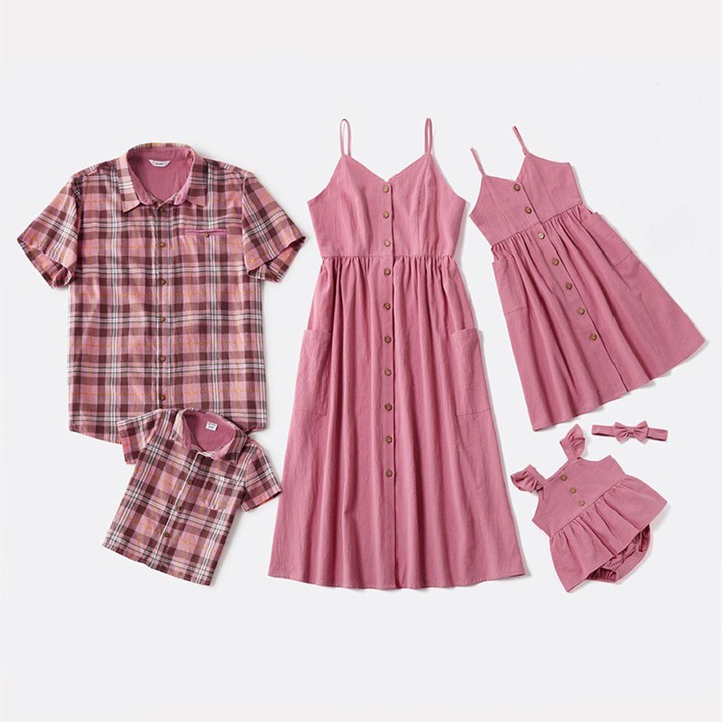 Matching Family Mom Pink Halter Dresses and Dad Short Sleeves Plaid Shirt