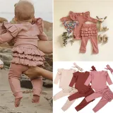 Baby Girl Ruffles Long Sleeves Bodysuit and Pants Two Pieces Outfits with Hairband
