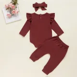 Baby Girl Ruffles Long Sleeves Bodysuit and Pants Two Pieces Outfits with Hairband