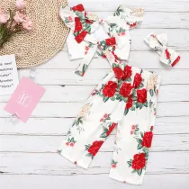 Toddler Girl Rose Floral Bowknot Ruffles Top and Pants Two Pieces Sets