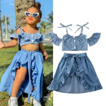 Toddler Girl Blue Polka Dots Halter Top Dovetail Dresses Shorts 3PCS Sets