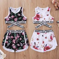 Toddler Girl Floral Love Vest Top and Shorts Two Pieces Sets