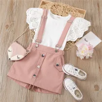 Toddler Girl Hollow Cut Ruffles Sleeves Top Pink Overall Dress Two Pieces Sets