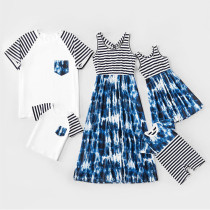 Matching Family Suit Dark Blue Tie-dye Black and White Stripes Dress and T-shirt