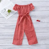 Toddler Girls Dot Printed Falbala One-shoulder Puff Sleeve Jumpsuits