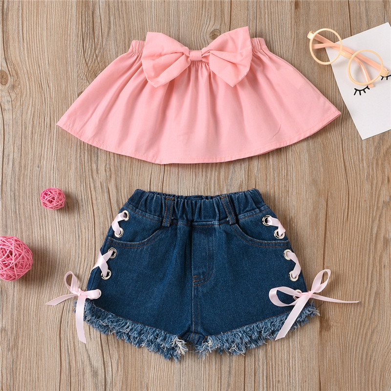 Toddler Girl Pink Off The Shoulder Bow and Lace Up Denim Shorts Two Pieces Sets