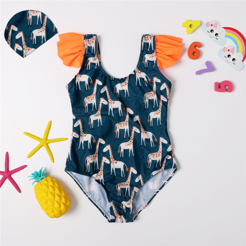 Toddler Kids Girl Giraffes Pattern Navy One-piece Swimsuit