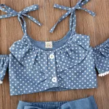 Toddler Girl Blue Polka Dots Halter Top Dovetail Dresses Shorts 3PCS Sets