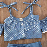 Toddler Girl Blue Polka Dots Halter Top Dovetail Dresses Shorts 3PCS Sets