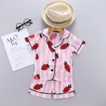 Toddler Kids Girl Prints Stripe Strawberry Summer Short Pajamas Sleepwear Sets