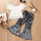 Toddler Girls White Crochet Lace Blouse Top and Velvet Flare Pant Two Pieces Set