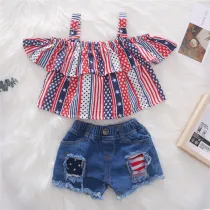 Toddler Girl Independence Day Strap Ruffle Top Ripped Denim Shorts Two Pieces Sets