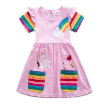 Toddler Girl Rainbow Unicorn Pocketed Dresses Short Sleeve Dresses