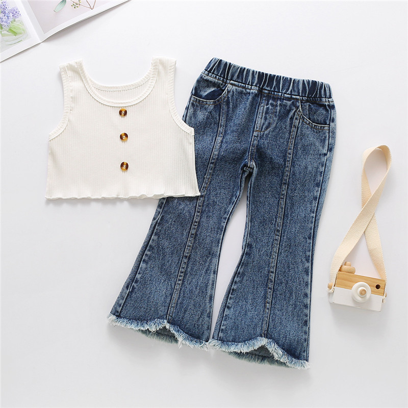 Toddler Girl Knit Tank Vest Top and Flared Jeans Two Pieces Sets
