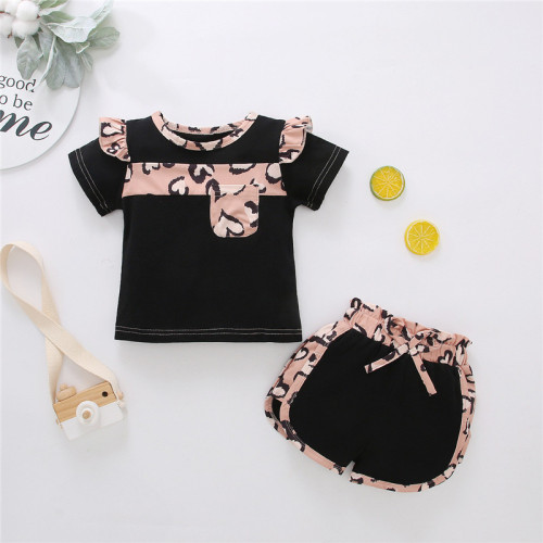Toddler Girl Leopard Matching Ruffles T-shirt and Shorts Two Pieces Sets