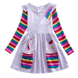 Toddler Girl Rainbow Unicorn Pocketed Dresses Long Sleeve Dresses