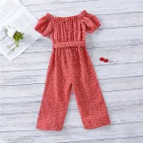 Toddler Girls Dot Printed Falbala One-shoulder Puff Sleeve Jumpsuits