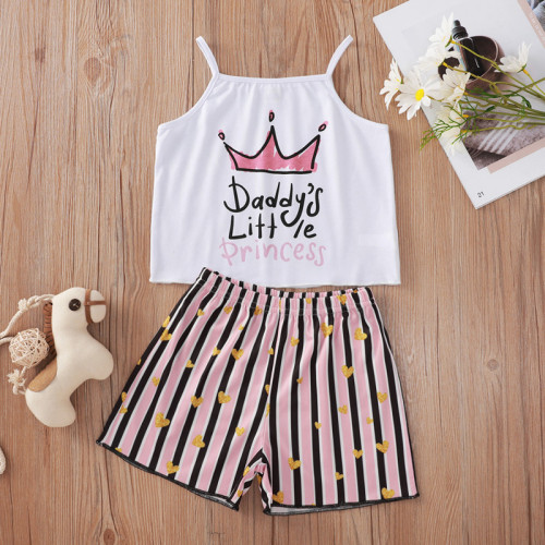 Toddler Girl Crown Princess Slip Tops and Pink Stripes Hearts Shorts Two Pieces Sets