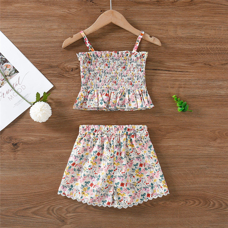 Toddler Girls Sling Floral Vest Top and Lace Shorts Two Pieces Set