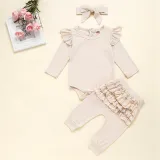 Baby Girl Ruffles Long Sleeves Bodysuit and Pants Two Pieces Outfits with Hairband
