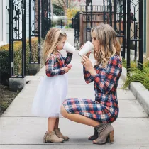 Mommy and Me Long Sleeve Plaid Round Neck Dresses