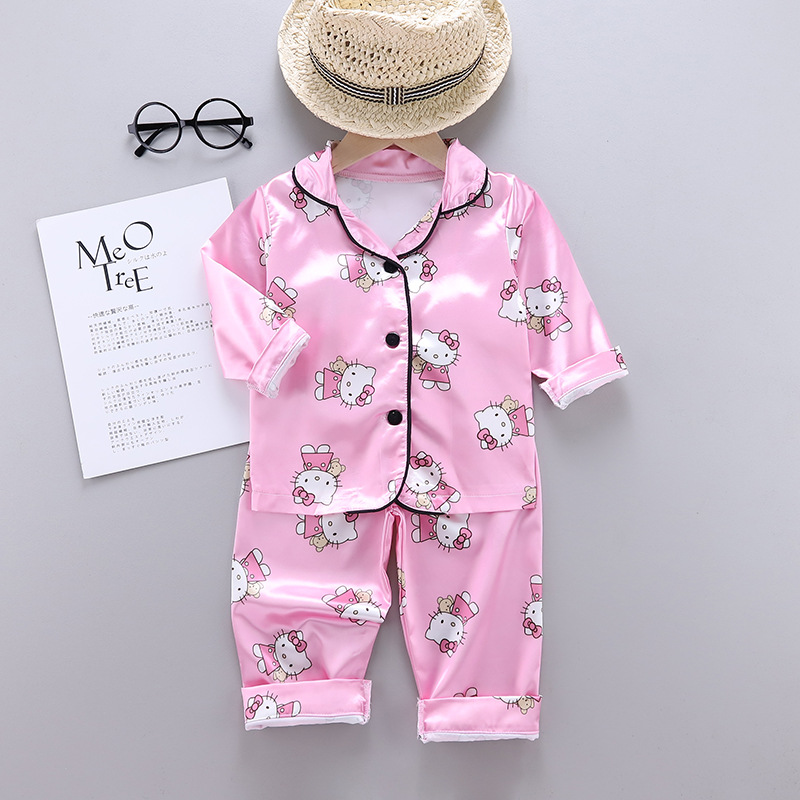 Toddler Kids Girl Long Sleeves Pajamas Rayon Silk Sleepwear Set