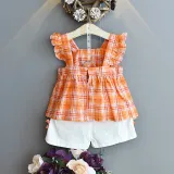 Toddler Girl Ruffles Plaid Top and Shorts Two Pieces Sets
