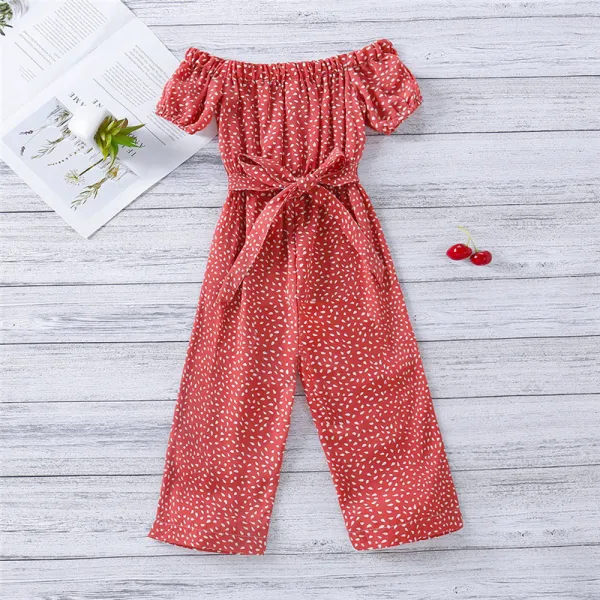Toddler Girls Dot Printed Falbala One-shoulder Puff Sleeve Jumpsuits